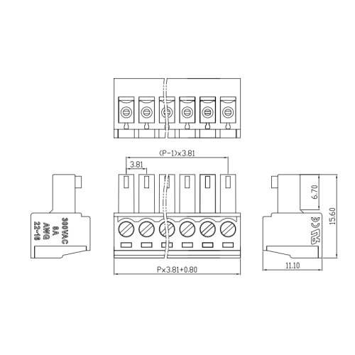 Terminales de PCB y femenino de PCB enchufables de 3.81 mm